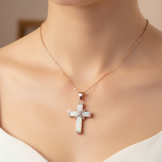 Rose Gold Cross Pendant Necklace with Rhinestone Accents - Mother's Day Gift