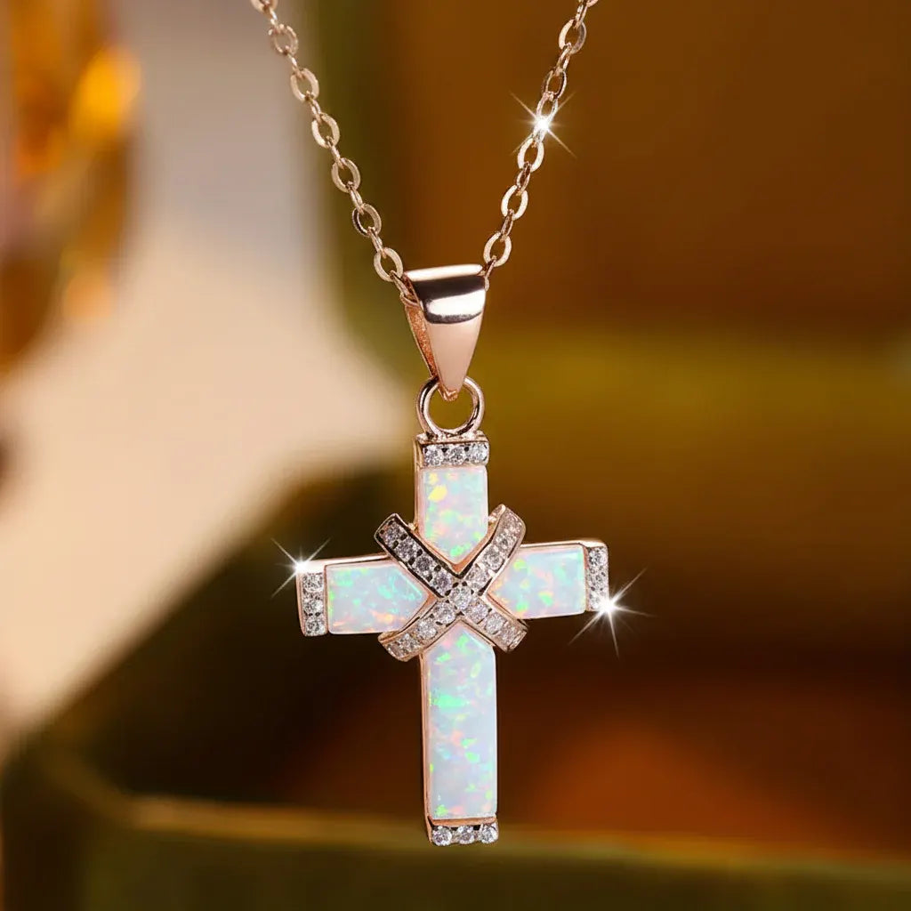 Rose Gold Cross Pendant Necklace with Rhinestone Accents - Mother's Day Gift