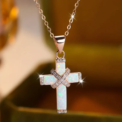 Rose Gold Cross Pendant Necklace with Rhinestone Accents - Mother's Day Gift