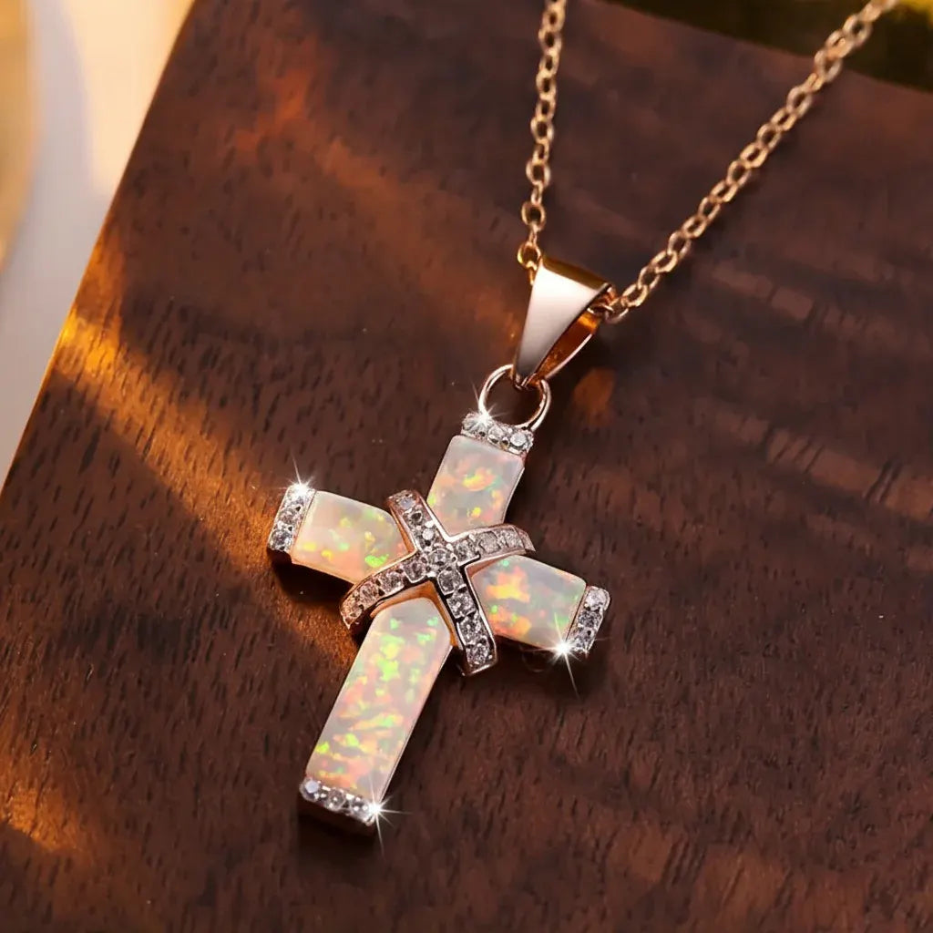 Rose Gold Cross Pendant Necklace with Rhinestone Accents - Mother's Day Gift