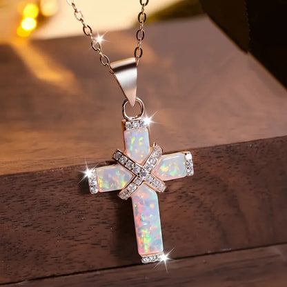 Rose Gold Cross Pendant Necklace with Rhinestone Accents - Mother's Day Gift