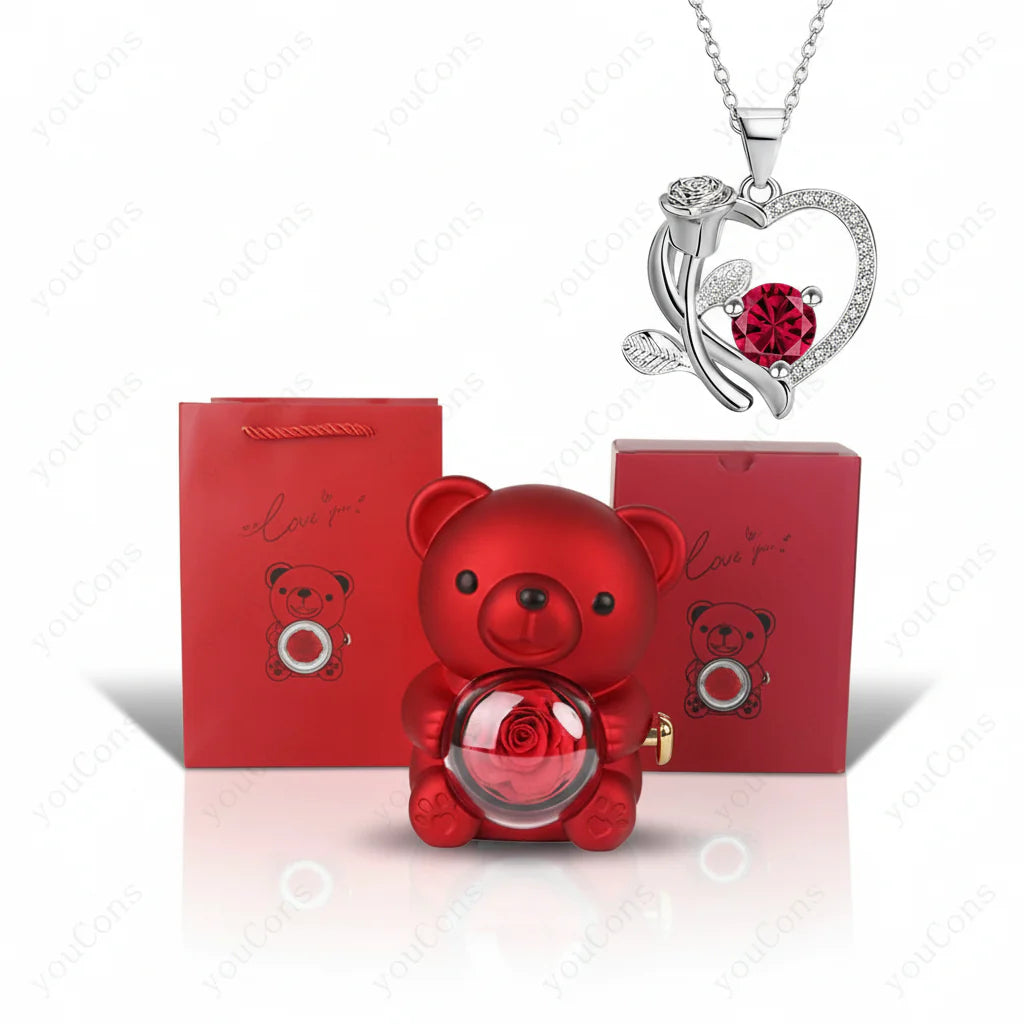 Rose Gold Heart Pendant Necklace with Zircon Bear Charm, Gift Box for Women