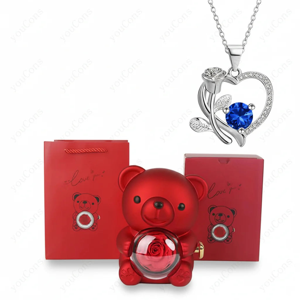 Rose Gold Heart Pendant Necklace with Zircon Bear Charm, Gift Box for Women