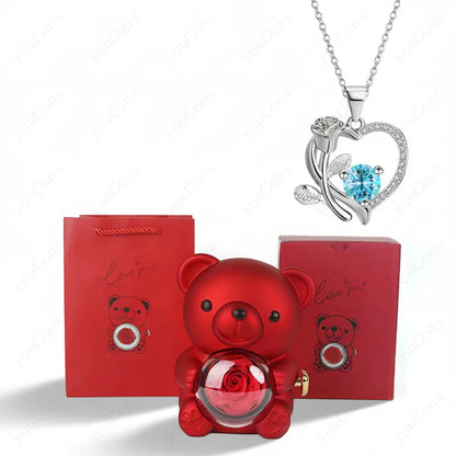 Rose Gold Heart Pendant Necklace with Zircon Bear Charm, Gift Box for Women