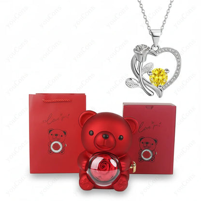 Rose Gold Heart Pendant Necklace with Zircon Bear Charm, Gift Box for Women