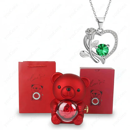 Rose Gold Heart Pendant Necklace with Zircon Bear Charm, Gift Box for Women