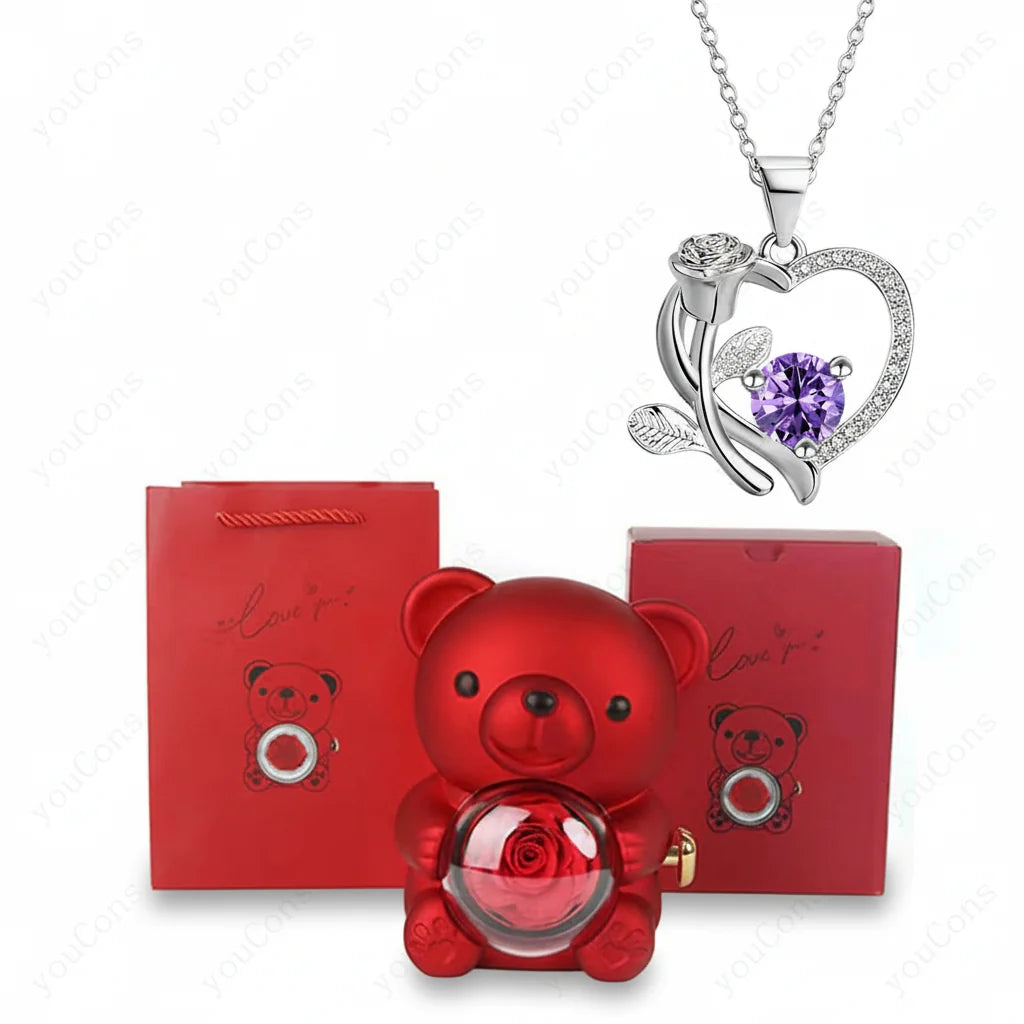 Rose Gold Heart Pendant Necklace with Zircon Bear Charm, Gift Box for Women