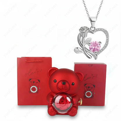 Rose Gold Heart Pendant Necklace with Zircon Bear Charm, Gift Box for Women