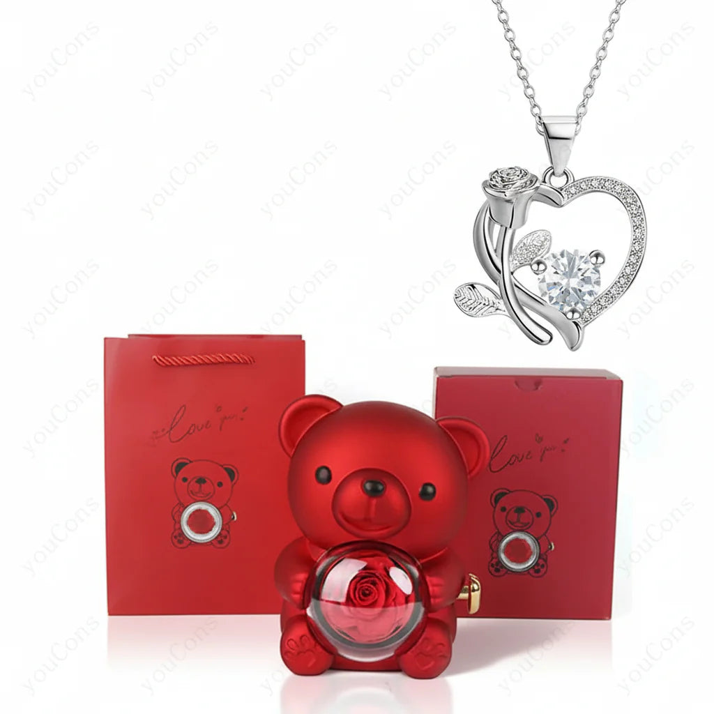 Rose Gold Heart Pendant Necklace with Zircon Bear Charm, Gift Box for Women