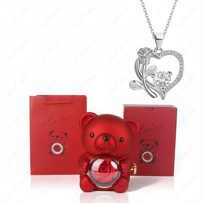 Rose Gold Heart Pendant Necklace with Zircon Bear Charm, Gift Box for Women