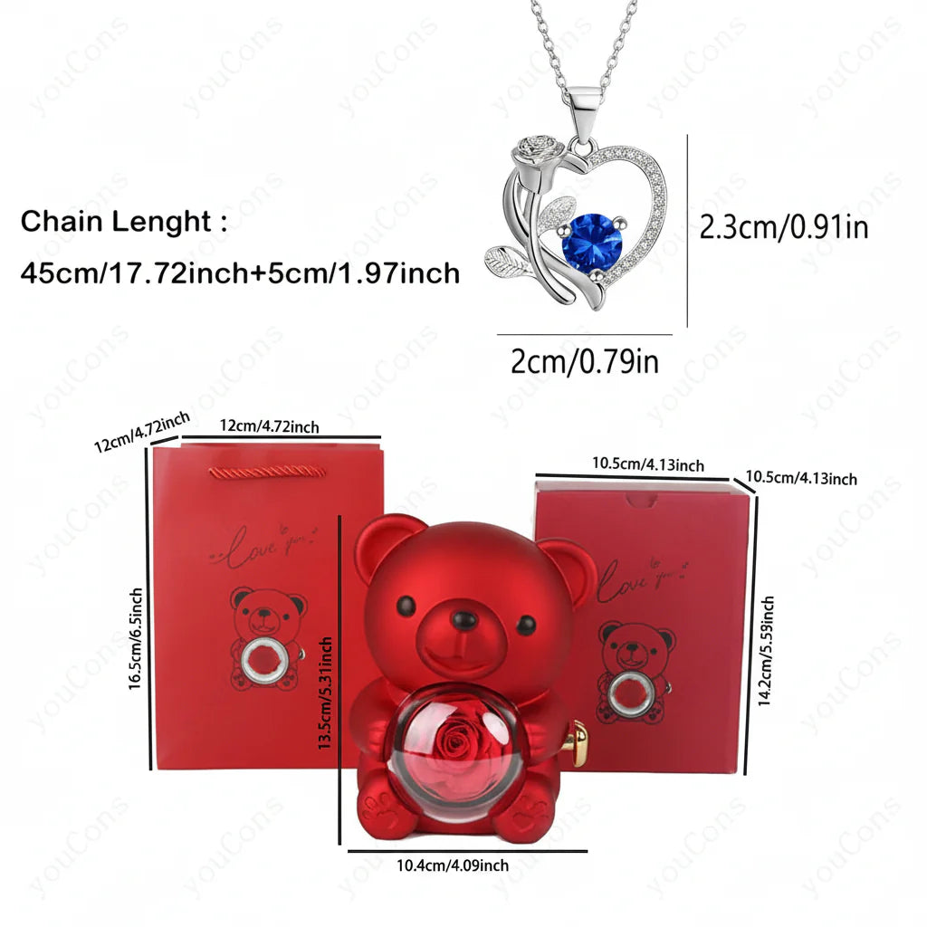 Rose Gold Heart Pendant Necklace with Zircon Bear Charm, Gift Box for Women