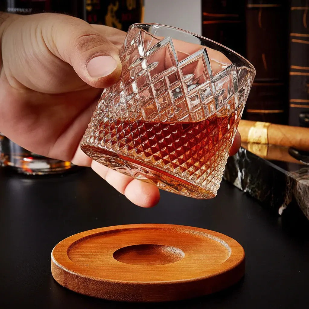 Rotating Crystal Whiskey Tumbler for Enhanced Aroma