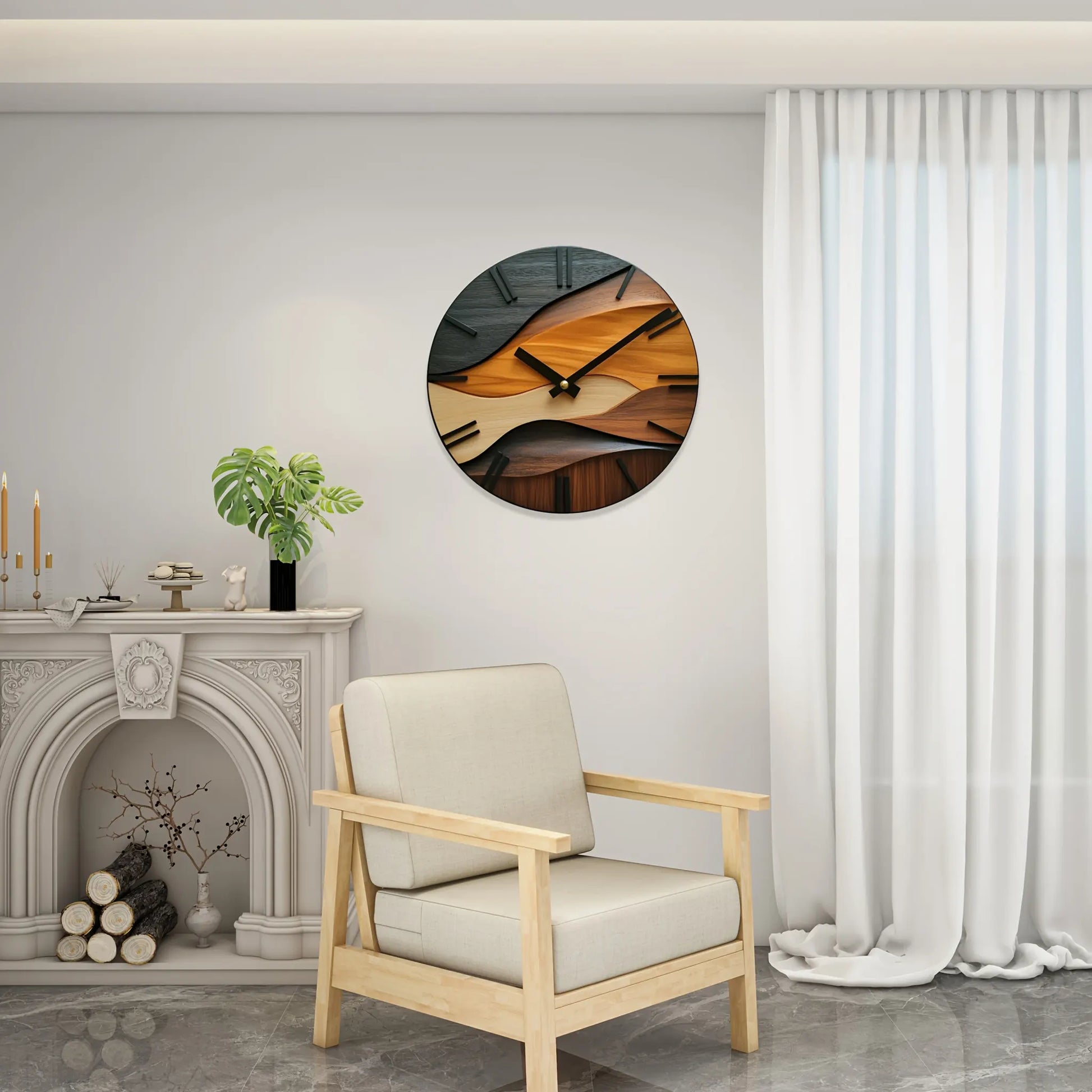 Round Glass Wall Clock with Nordic Faux Wood Grain Design