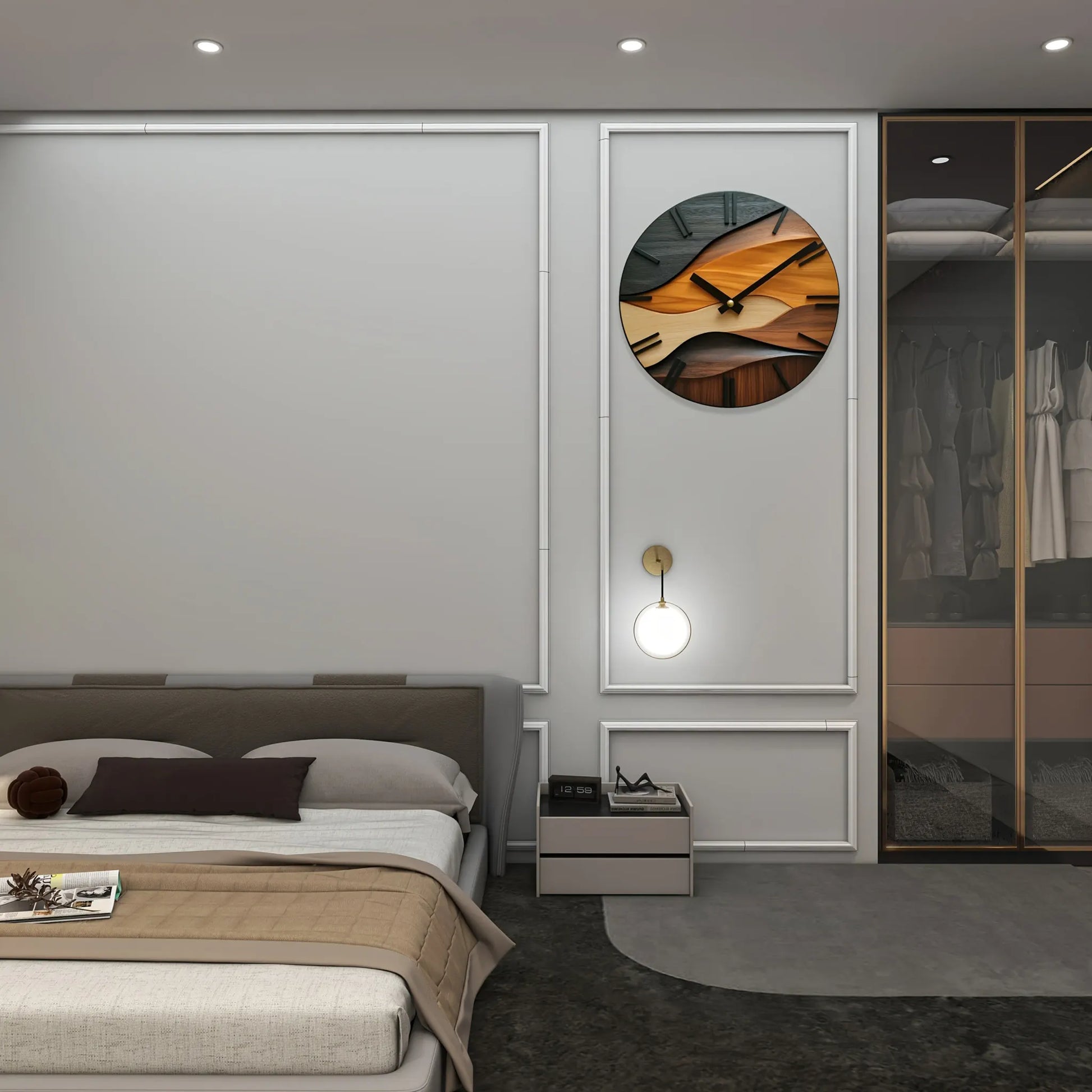 Round Glass Wall Clock with Nordic Faux Wood Grain Design