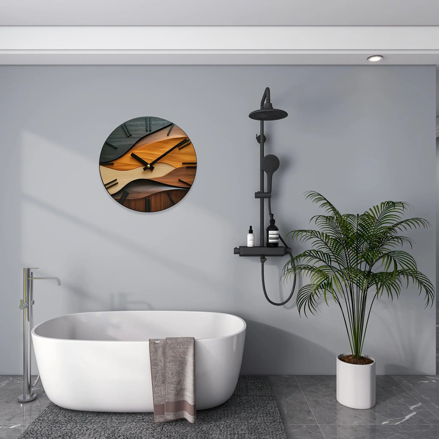 Round Glass Wall Clock with Nordic Faux Wood Grain Design