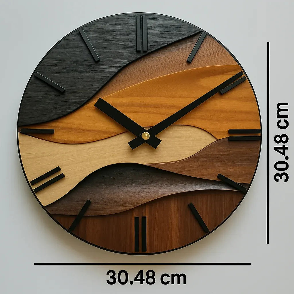 Round Glass Wall Clock with Nordic Faux Wood Grain Design