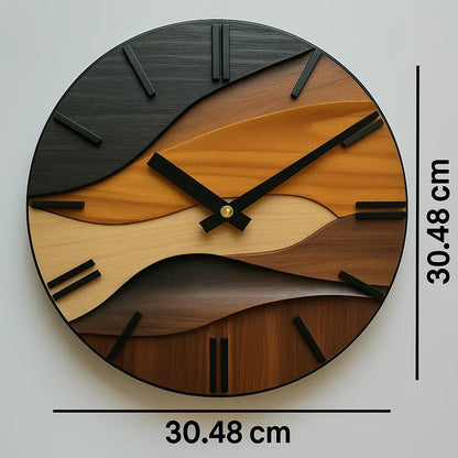 Round Glass Wall Clock with Nordic Faux Wood Grain Design