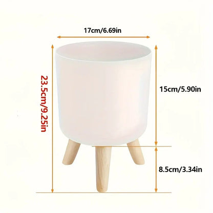 Round Planter with Wooden Stand | Modern Indoor & Outdoor Decorative Plant Pot