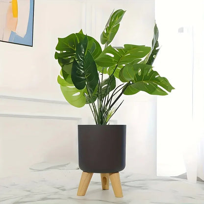 Round Planter with Wooden Stand | Modern Indoor & Outdoor Decorative Plant Pot