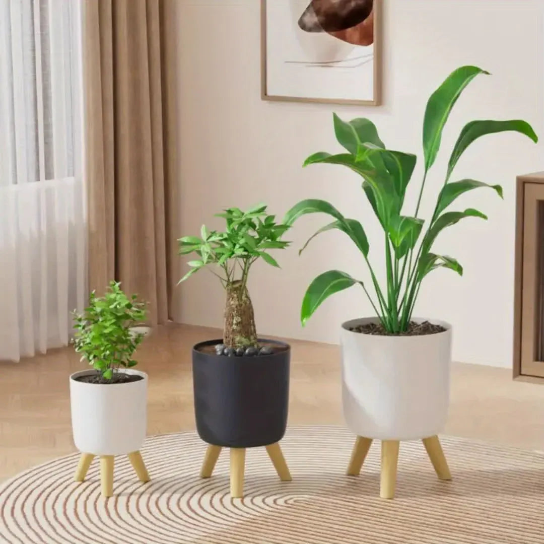Round Planter with Wooden Stand | Modern Indoor & Outdoor Decorative Plant Pot