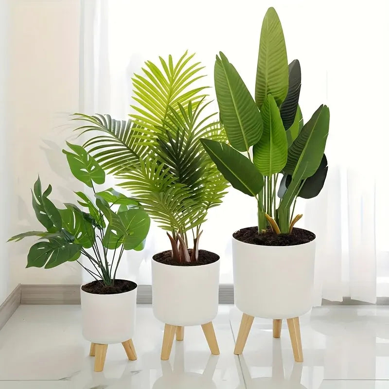 Round Planter with Wooden Stand | Modern Indoor & Outdoor Decorative Plant Pot
