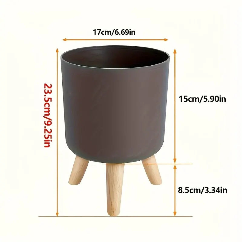 Round Planter with Wooden Stand | Modern Indoor & Outdoor Decorative Plant Pot