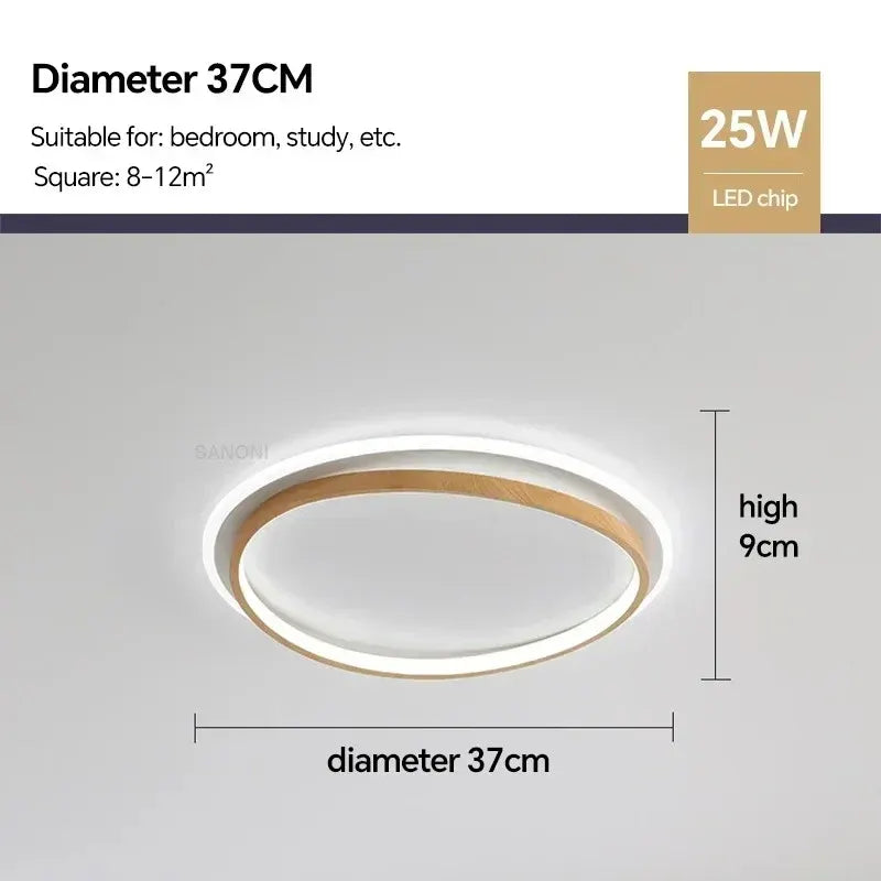 Round Walnut & Gold LED Flush Mount Ceiling Light, Modern Design