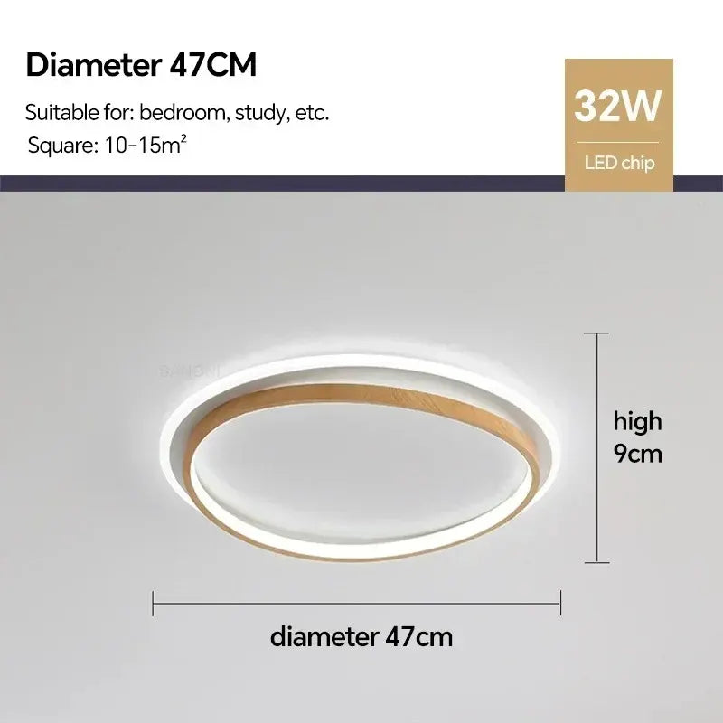 Round Walnut & Gold LED Flush Mount Ceiling Light, Modern Design