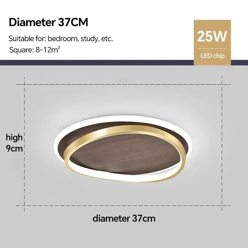 Round Walnut & Gold LED Flush Mount Ceiling Light, Modern Design