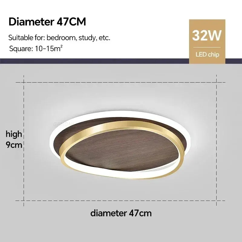 Round Walnut & Gold LED Flush Mount Ceiling Light, Modern Design