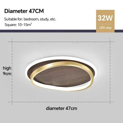 Round Walnut & Gold LED Flush Mount Ceiling Light, Modern Design