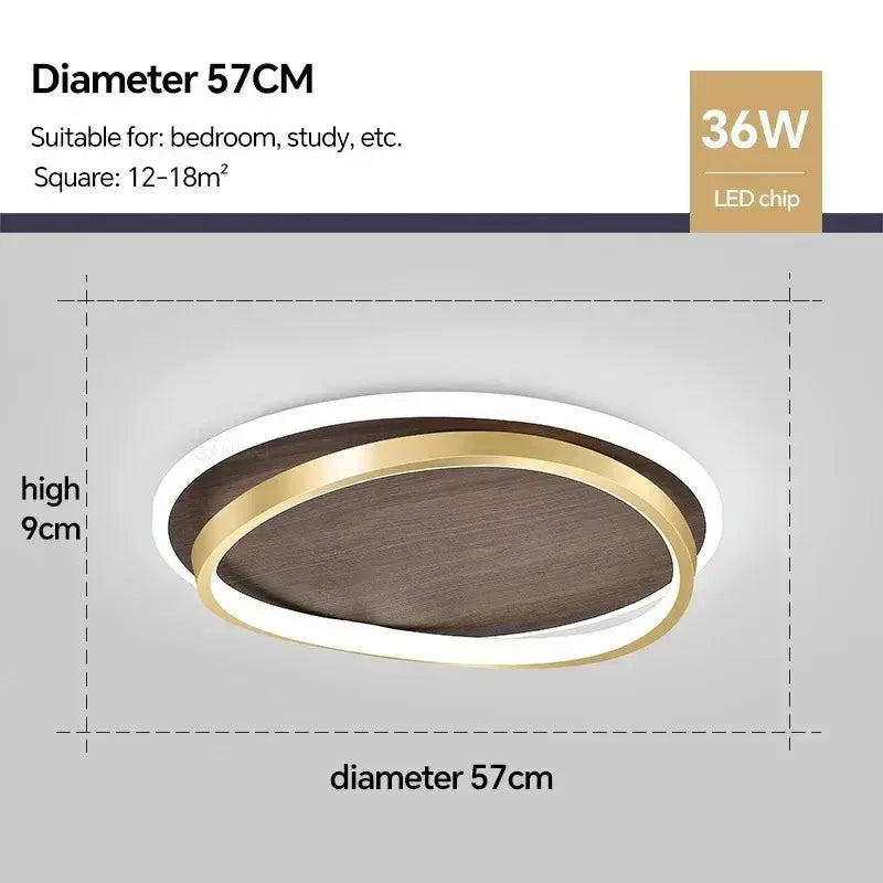Round Walnut & Gold LED Flush Mount Ceiling Light, Modern Design
