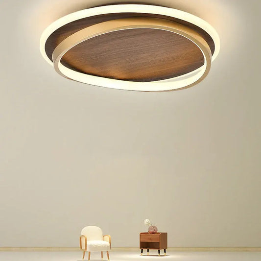 Round Walnut & Gold LED Flush Mount Ceiling Light, Modern Design