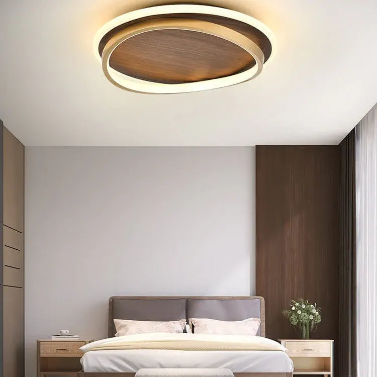 Round Walnut & Gold LED Flush Mount Ceiling Light, Modern Design