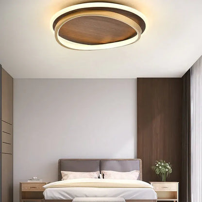 Round Walnut & Gold LED Flush Mount Ceiling Light, Modern Design