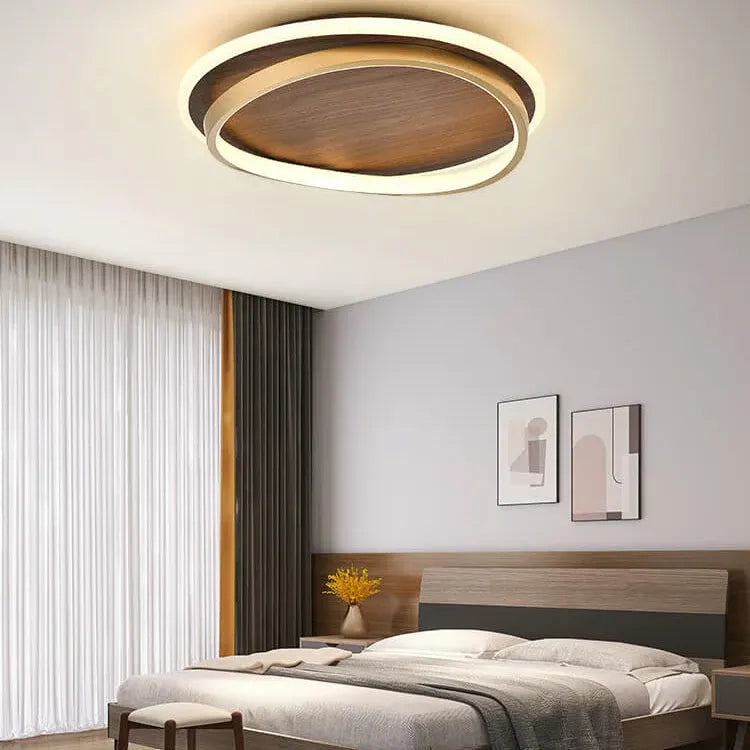 Round Walnut & Gold LED Flush Mount Ceiling Light, Modern Design