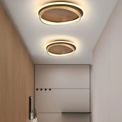 Round Walnut & Gold LED Flush Mount Ceiling Light, Modern Design