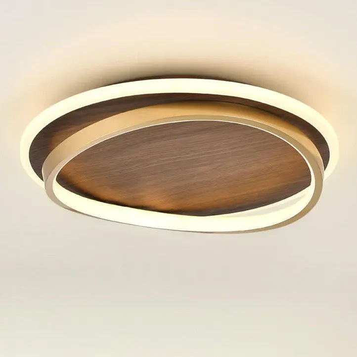 Round Walnut & Gold LED Flush Mount Ceiling Light, Modern Design