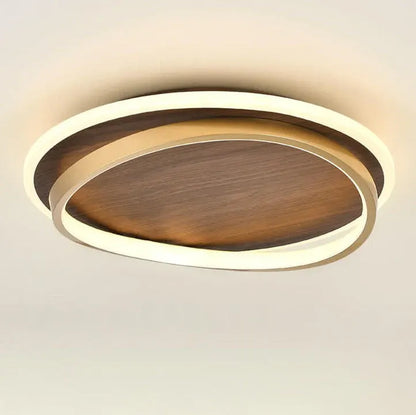 Round Walnut & Gold LED Flush Mount Ceiling Light, Modern Design