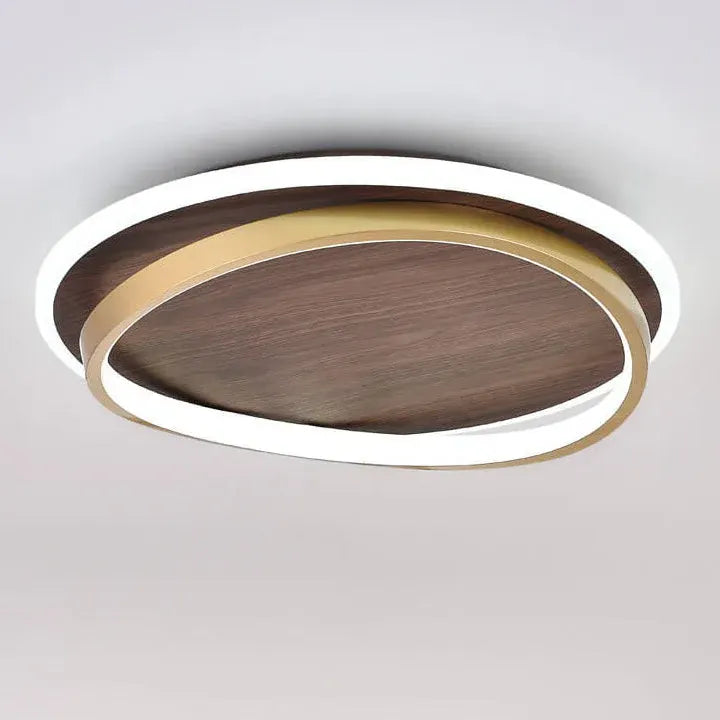 Round Walnut & Gold LED Flush Mount Ceiling Light, Modern Design