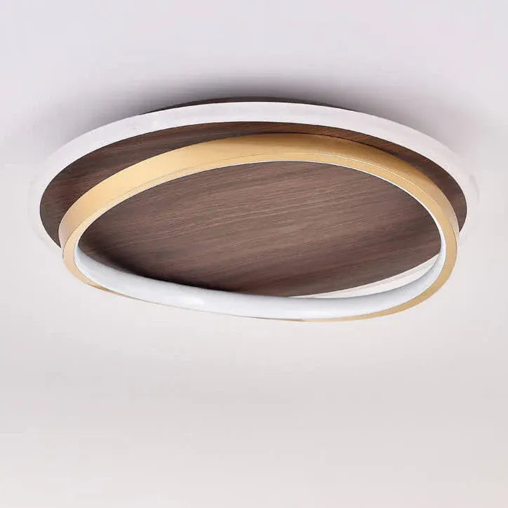 Round Walnut & Gold LED Flush Mount Ceiling Light, Modern Design
