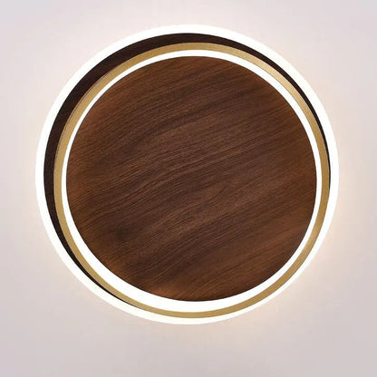 Round Walnut & Gold LED Flush Mount Ceiling Light, Modern Design