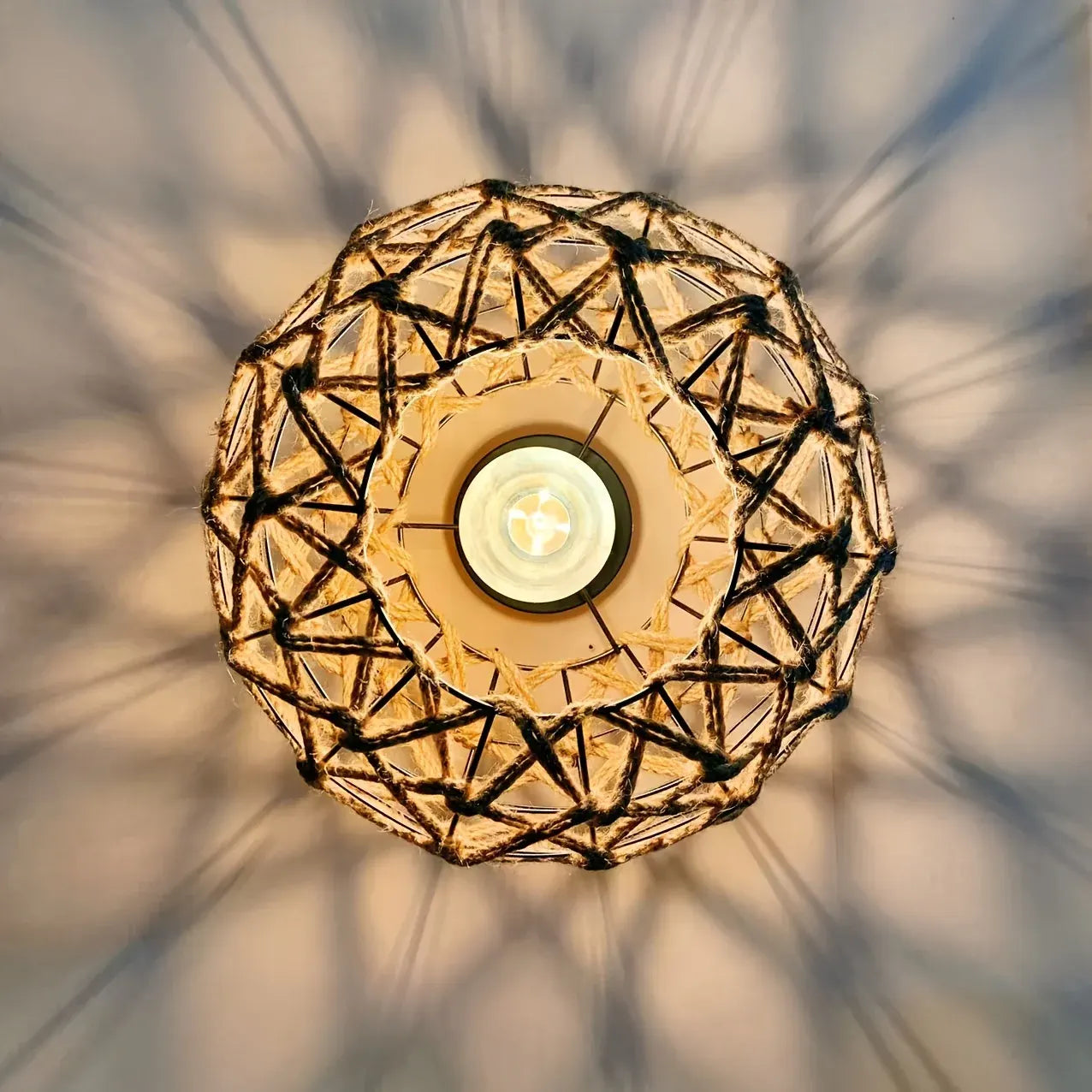 Rustic Handwoven Hemp Rope Flush Mount Ceiling Light Fixture, Boho Style