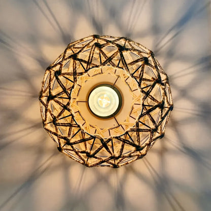 Rustic Handwoven Hemp Rope Flush Mount Ceiling Light Fixture, Boho Style