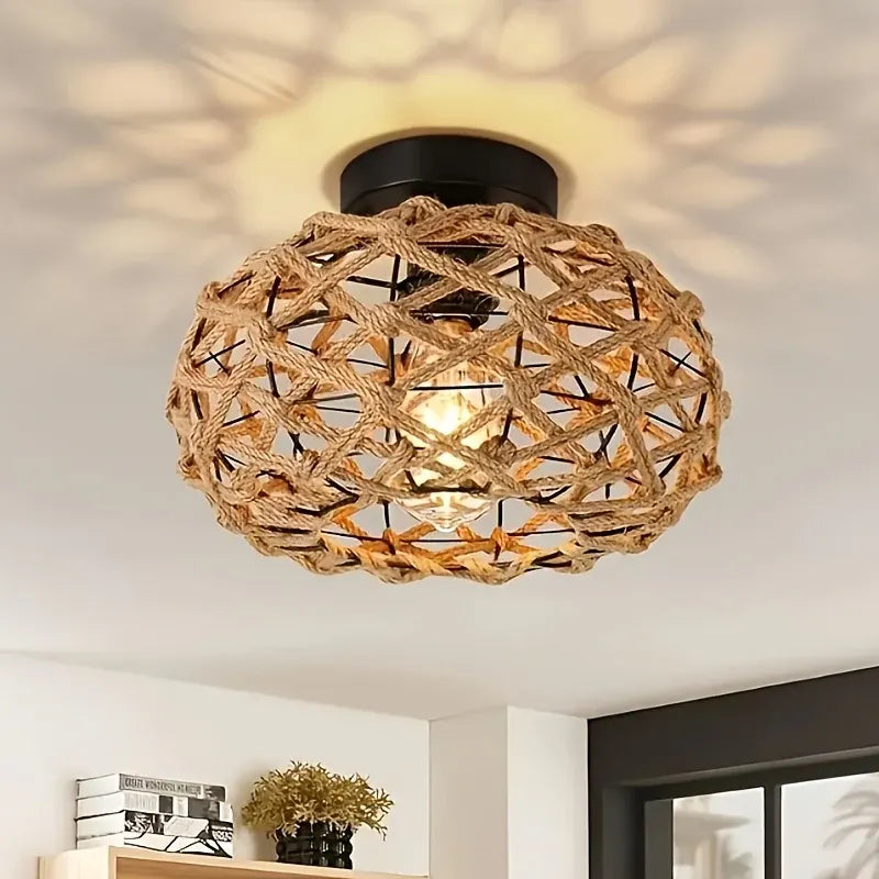 Rustic Handwoven Hemp Rope Flush Mount Ceiling Light Fixture, Boho Style