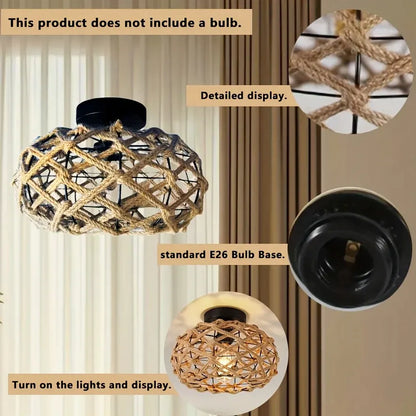 Rustic Handwoven Hemp Rope Flush Mount Ceiling Light Fixture, Boho Style