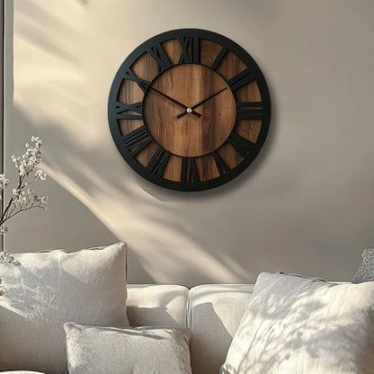 Rustic Roman Numeral Wall Clock in Wooden Vintage Finish