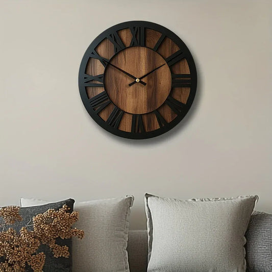 Rustic Roman Numeral Wall Clock in Wooden Vintage Finish