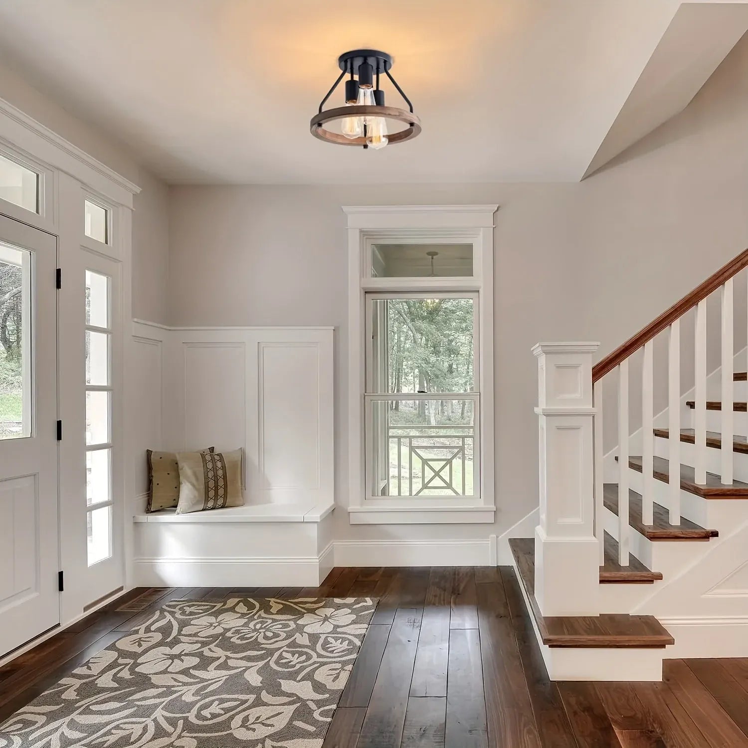 Rustic Wood Ring 3-Light Semi Flush Mount Ceiling Fixture