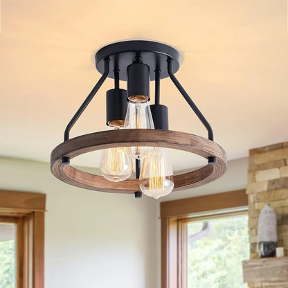 Rustic Wood Ring 3-Light Semi Flush Mount Ceiling Fixture